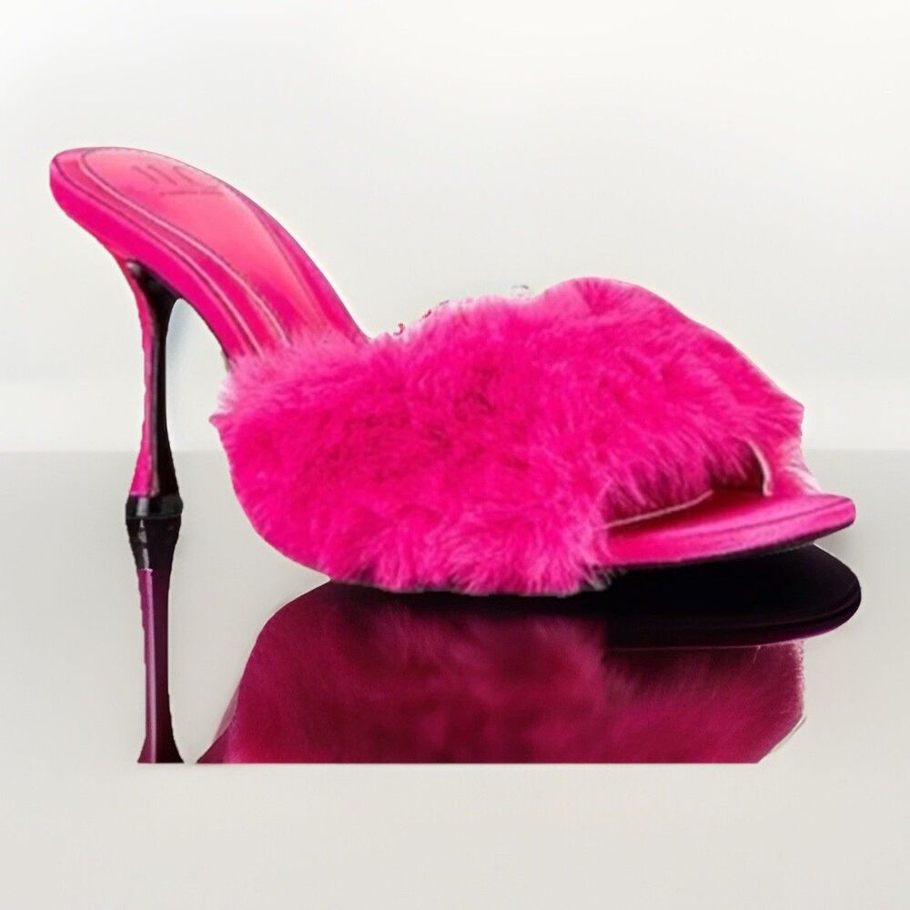 JLO Jennifer Lopez Bowery Faux Mink Mule Lollipop Pink Fur Heels Size 7.5 NWOB